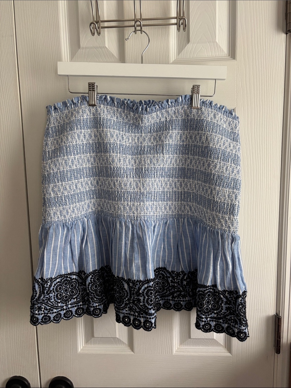 Anthropologie Maeve Light Blue and Black Smocked Mini Skirt